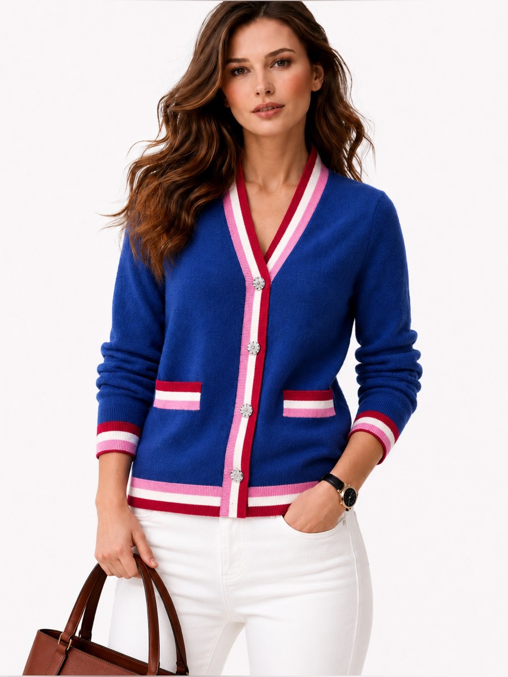 New York & Company Royal Blue Striped-Trim Womens  Cardigan Size M